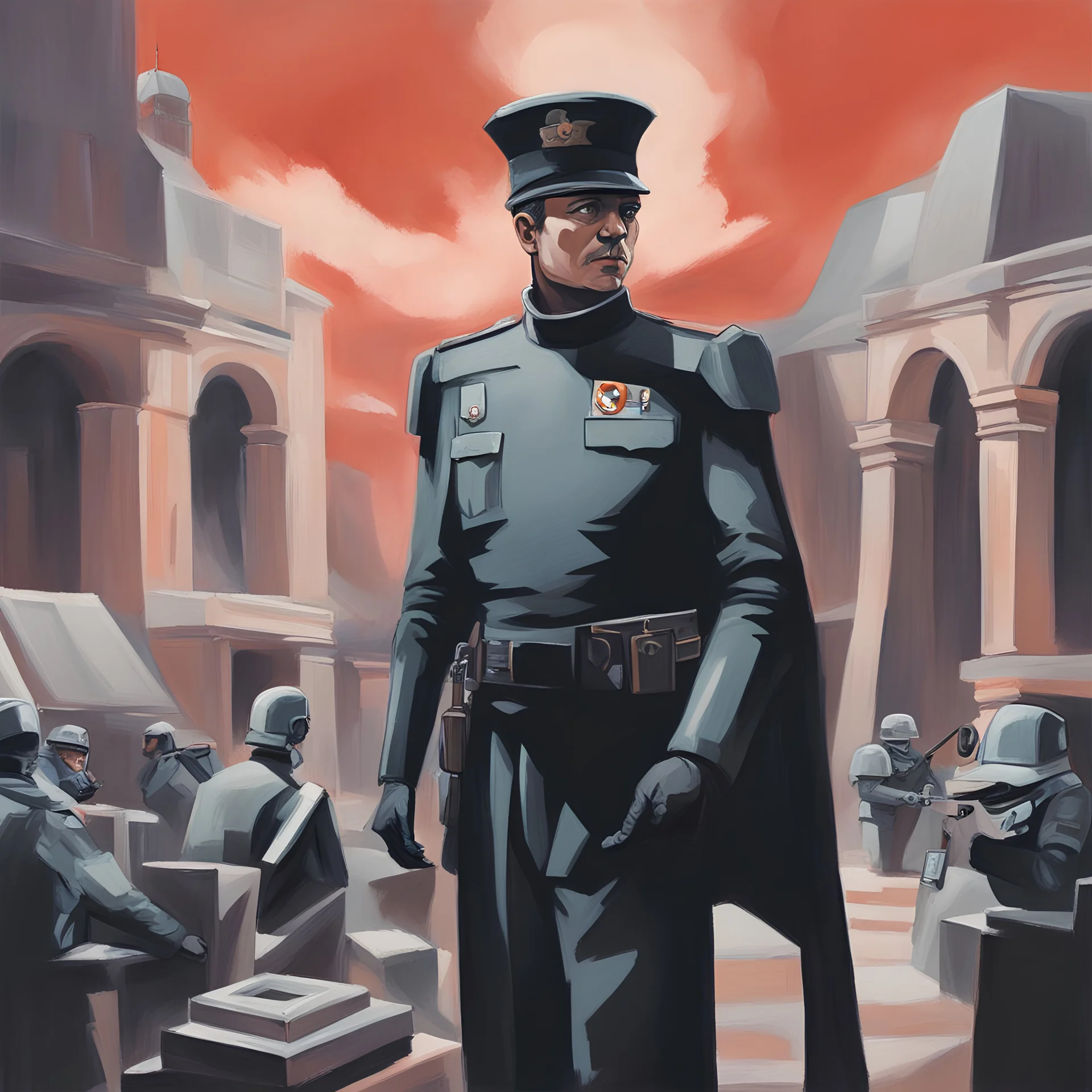 Imperial officer's planned occupation of Arenthia, in gouache painting art style