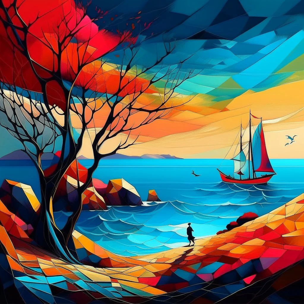 Vibrant painterly illustration, symbolic geometric realism. A surreal coastal landscape divided between land and sea. On a dark cliff in the foreground stands a leafless tree with delicate branches; nearby, small human figures appear as silhouettes. Sailboats float on a gently moving sea, their shapes simplified and graphic. Strong contrast between warm and cool tones, high color saturation, luminous pigments. Clearly painted surface with visible brushstrokes, flat yet textured color fields, han