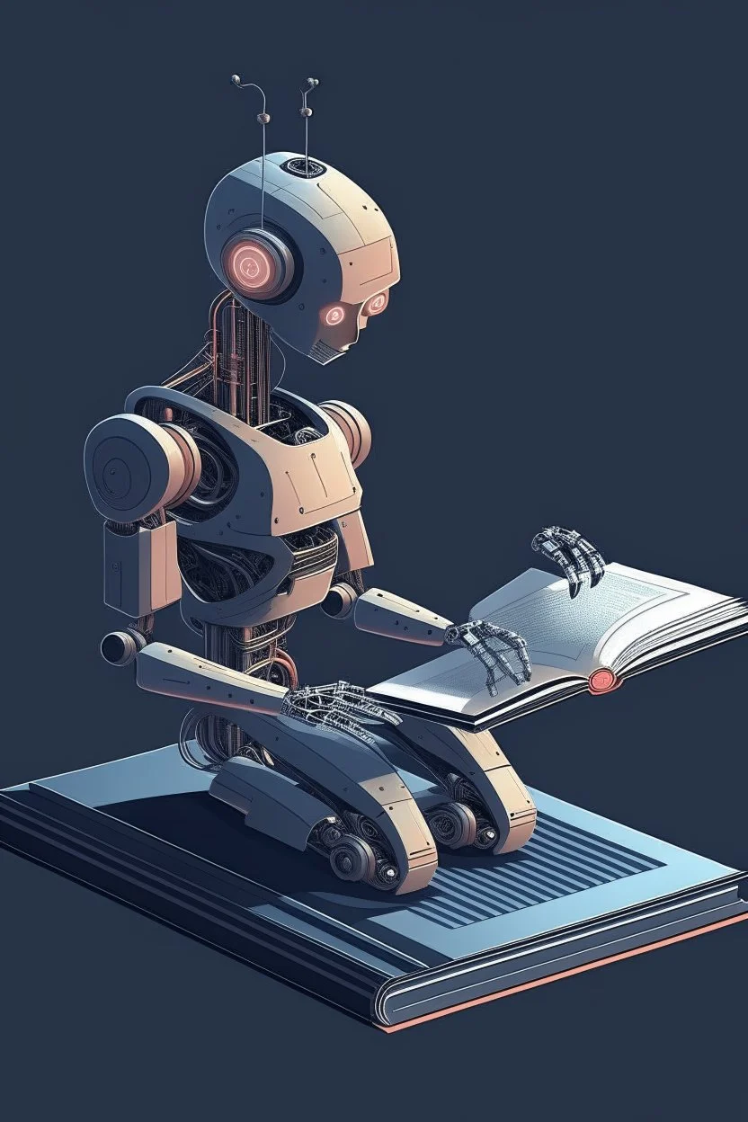 generate a front cover simplistic illustration representation of Ai metalic bot editing a book