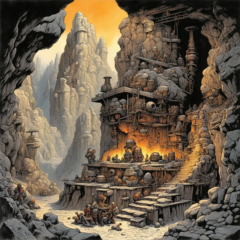 Underground Dwarf mine with massive smoking forge, blacksmiths toiling over anvils, scaffolds, dramatic maximalist stature of dwarf king carved into rock formation, By Brian Bolland, by Frank Frazetta, by Boris Valejo, Tolkien fantasy masterpiece, expansive and vast underground kingdowm, dark rich colors, detailed ink illustration, perfect coloring, smooth.