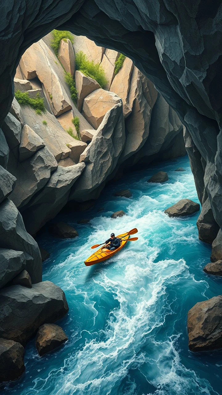 Bosch painting style, 3D multi layers caves where the a river stream, a man in kayak boat in a fast water