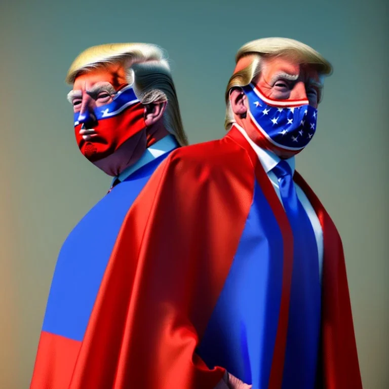 realistic image of donald trump as a mexican wrestling fighter posing outdoors, Mexican eyes wrestling mask, red and blue breeches, confederate flag cape, retro style, 80s, vibrant color, highly detailed, sky background, concept art, unreal engine 5, god rays, ray tracing, RTX, lumen lighting, ultra detail, volumetric lighting, 3d, finely drawn, high definition, high resolution.