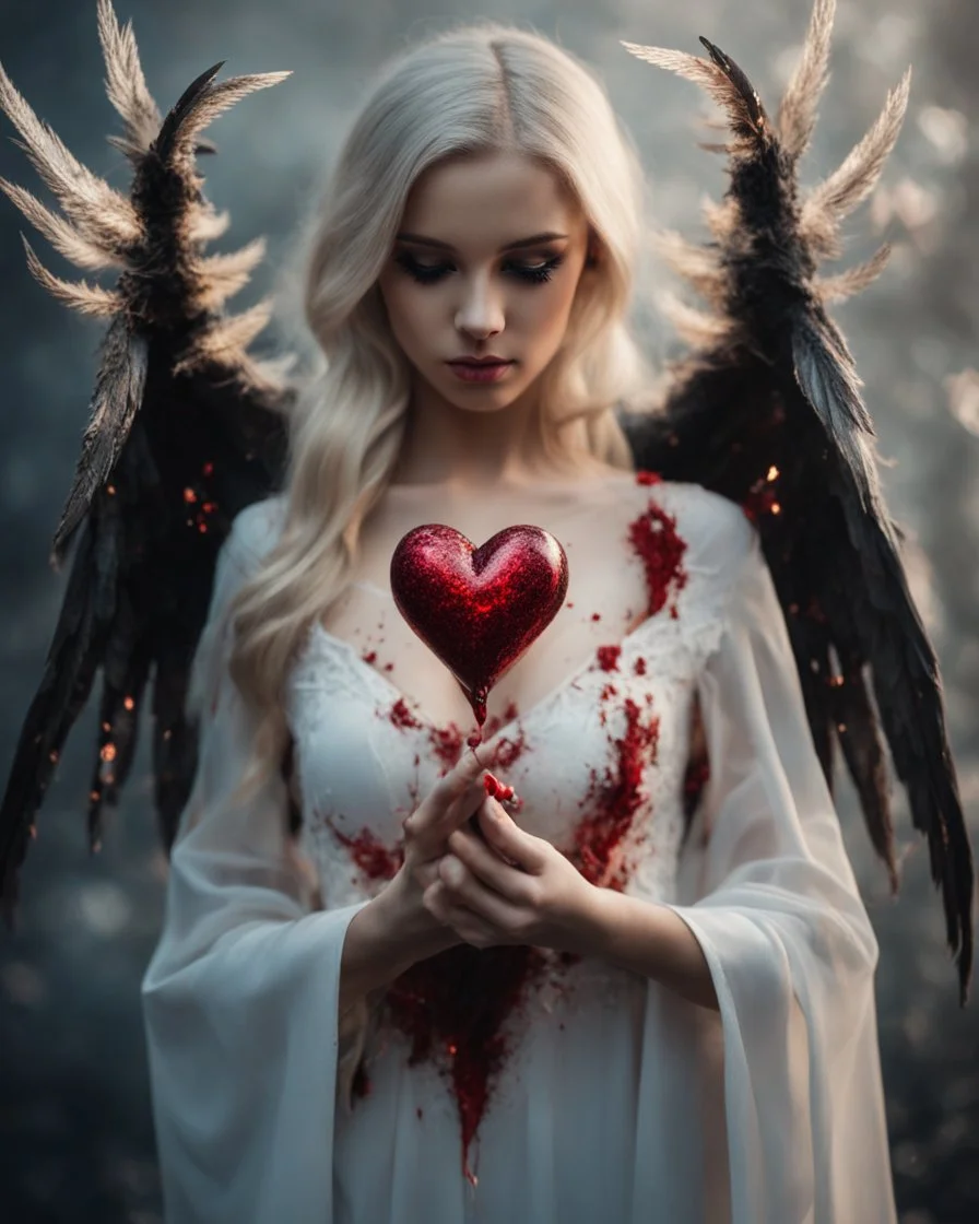 Wizard girl with a heart bleed in her hands, half demon and half angel, sparks around, macro photography,