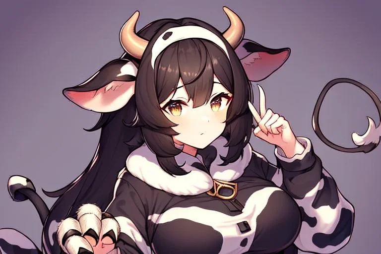 Girl, cow tail, cow horns, cow ears, dark hair, hooves on hand, cow hand