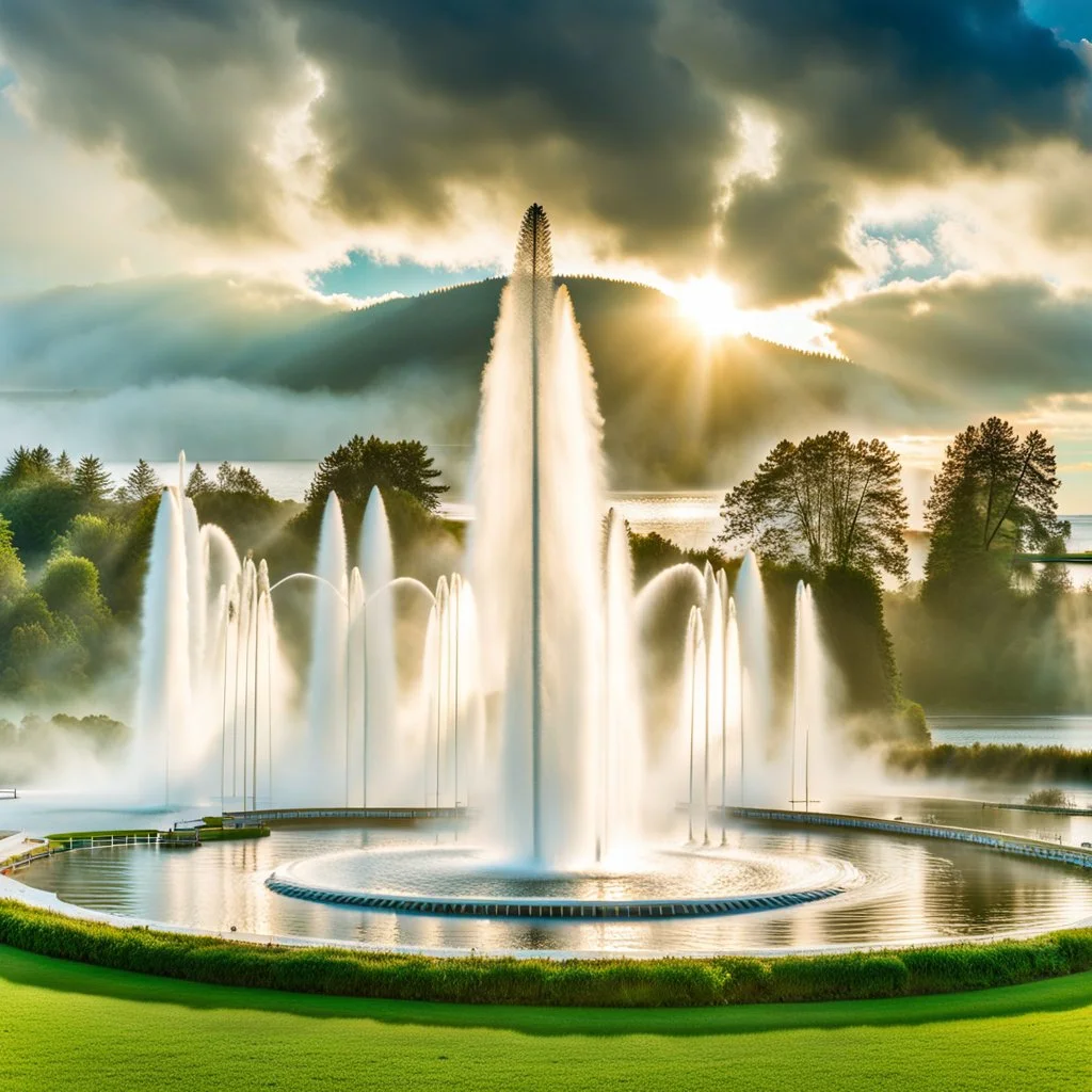 camera captures full scene of where 12 fountains in a small sea shoot water jets in sky and splashes of water ,in country side,pretty cloudy sky ,moving clouds and godrayes .