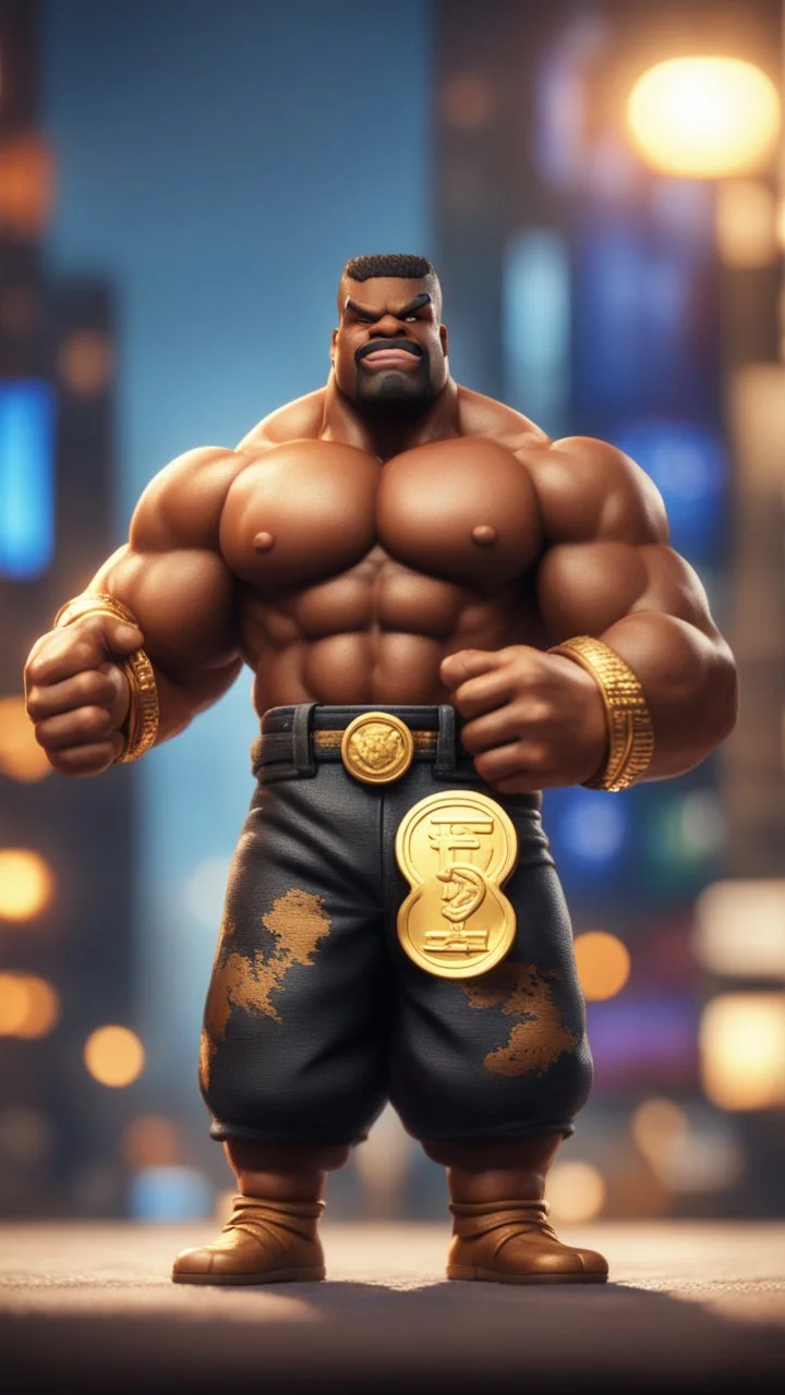 black hunk original pixel art Abobo from double dragon holding up a dog sized golden coin with a print of himself ,bokeh like f/0.8, tilt-shift lens 8k, high detail, smooth render, down-light, unreal engine, prize winning