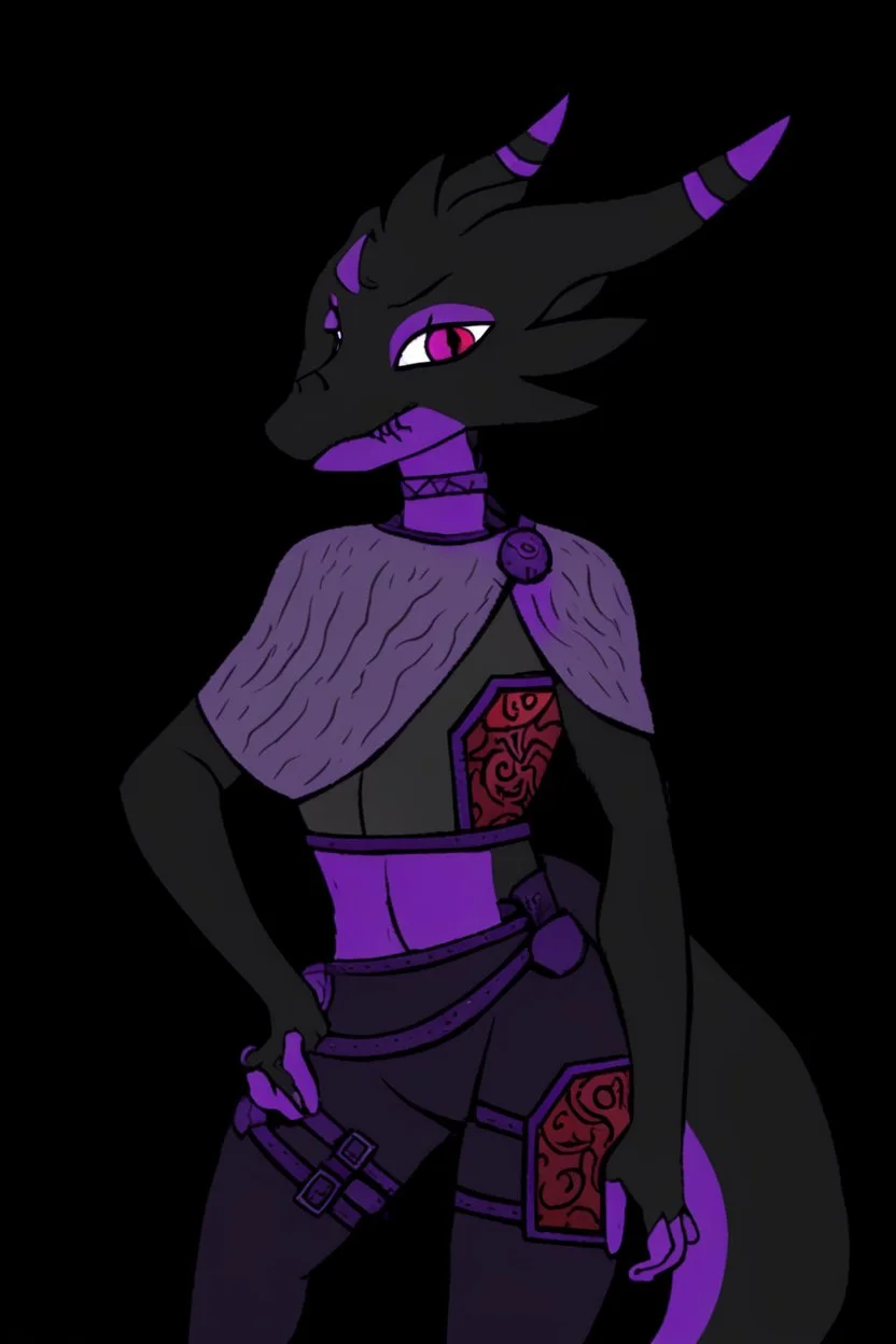 a black and purple, female argonian artificer who uses Tesla coils as weapons, skinny, lightly armored