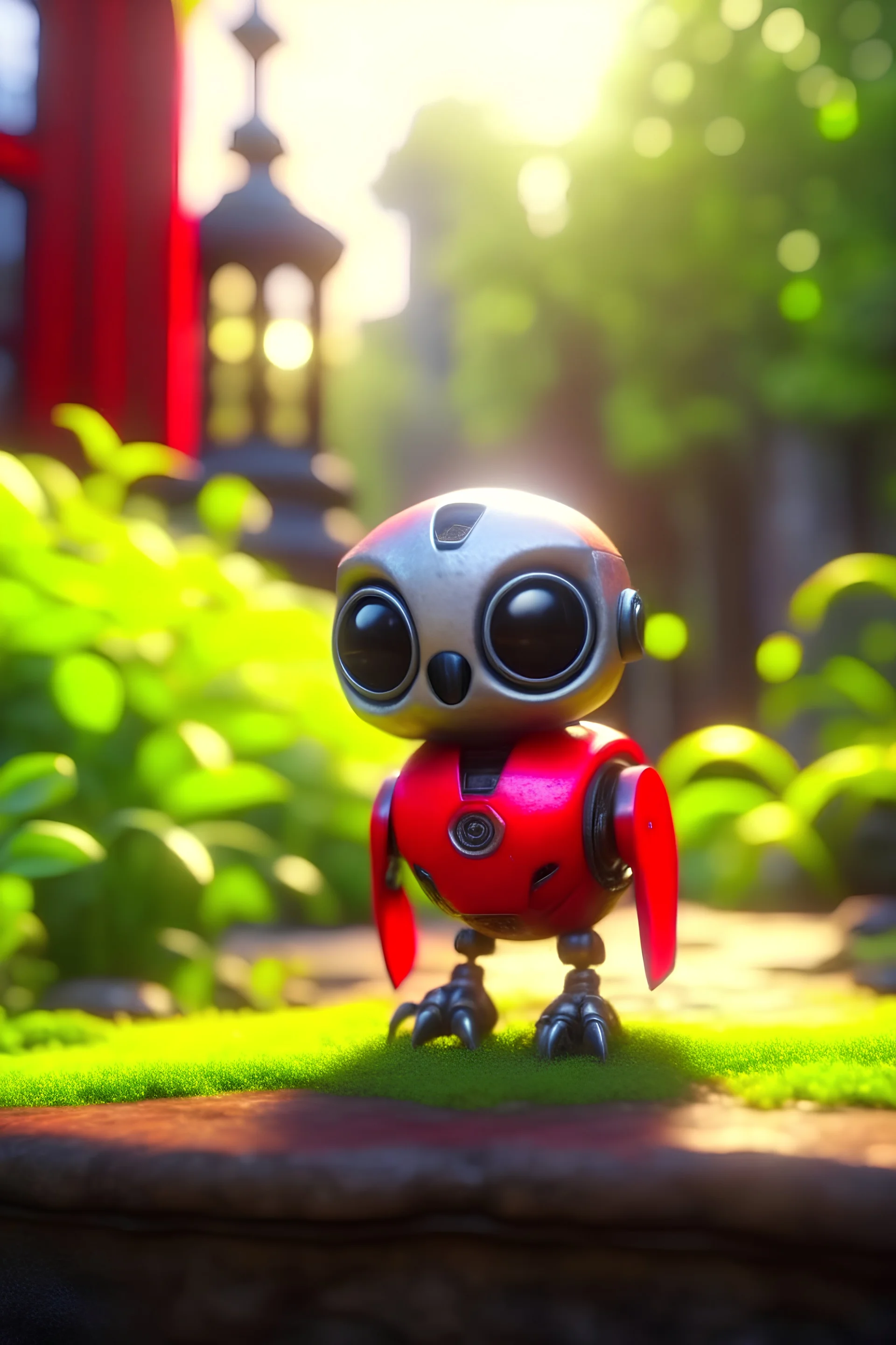 adorable cute chat priest robot with short punk hair and real human reflective eyes, red birds in garden of st. Barbara cathedral, its such a perfect day, motion blur, smoke, 8k, downlight, soft light, depth of field, photorealism, trending on art station, lotsa detail