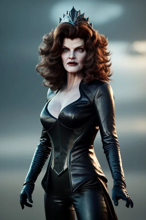 younger Rene Russo as evil queen in leather, cleavage, angry, stern look, unreal 5, octane render,cinema4d, dynamic lighting, dramatic lighting, 4k, redshift render, highly detailed, hyper realistic