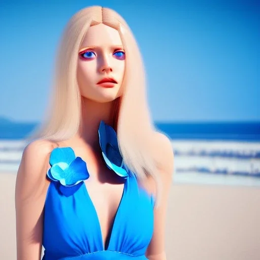 Beautiful sunny face woman blue eyes long blond hair in a blue flower dress on a beach, unreal engine, 4k