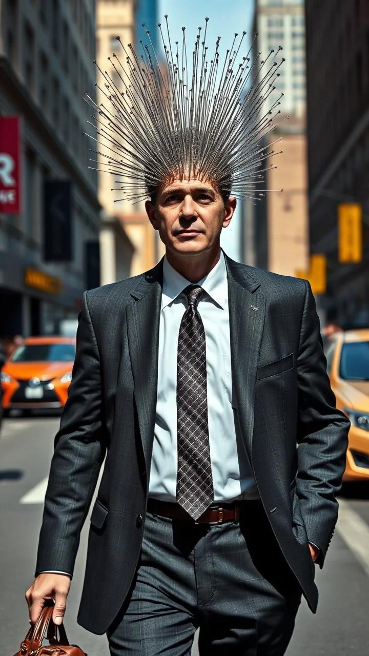 A man with suite carrying a business bag walking in the new York street , all his head is a covered with needles ,
