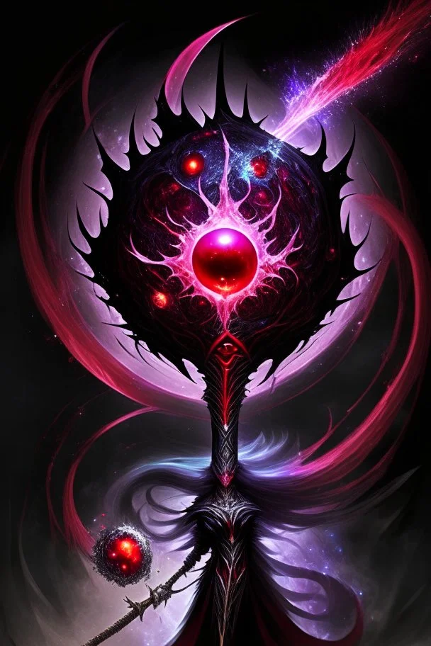 A sorceress evil staff that is a mix colors of red and black crystals and sharp edges, with black aura swirling around it, a black universe color orb in the middle