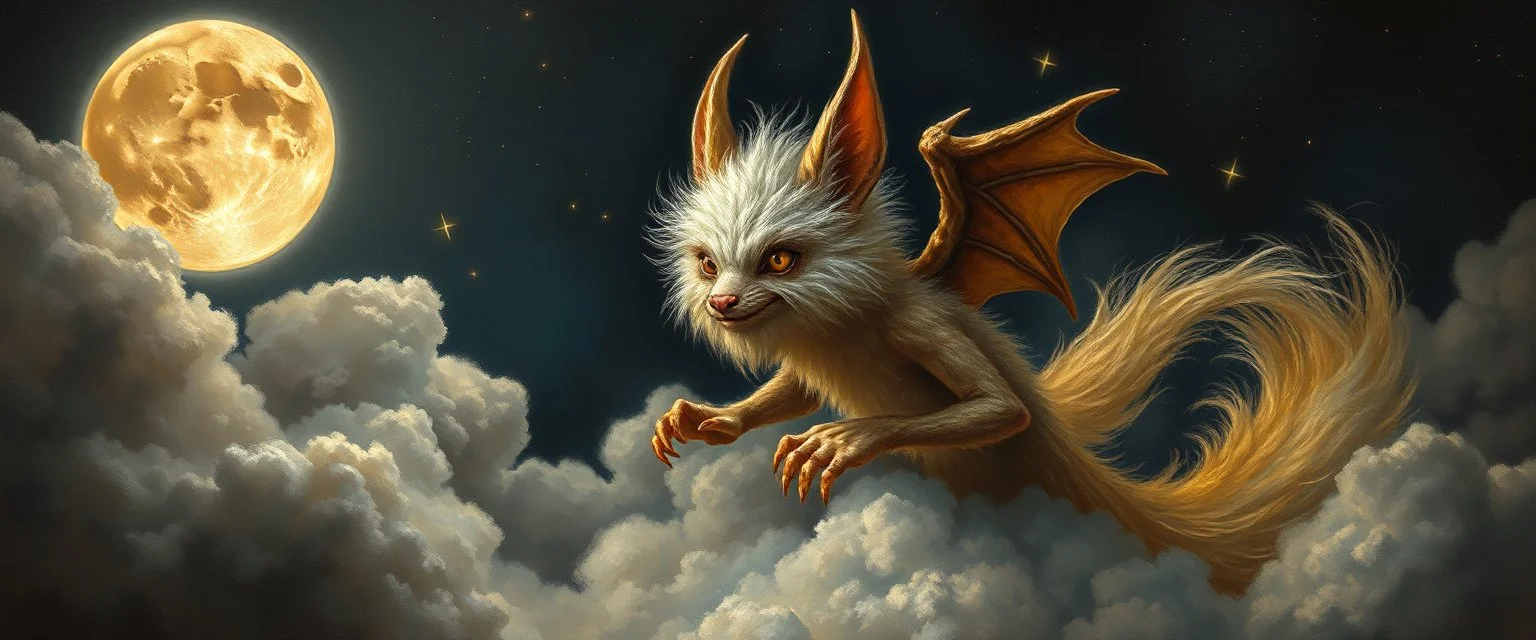 fluff fuzz sponge tube gremlin fox moon cloud demon in the astral realm, painted by Rembrandt