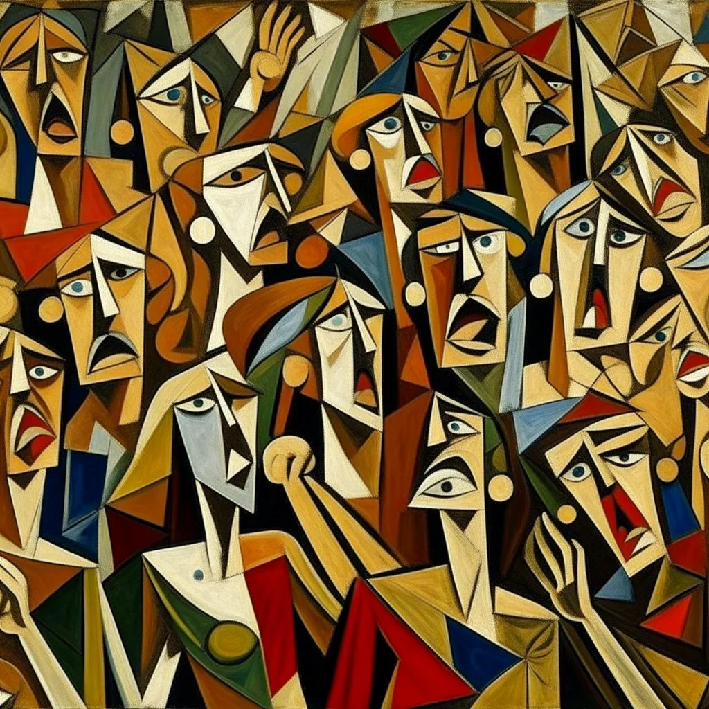 picasso cubism crowd of people brown screaming