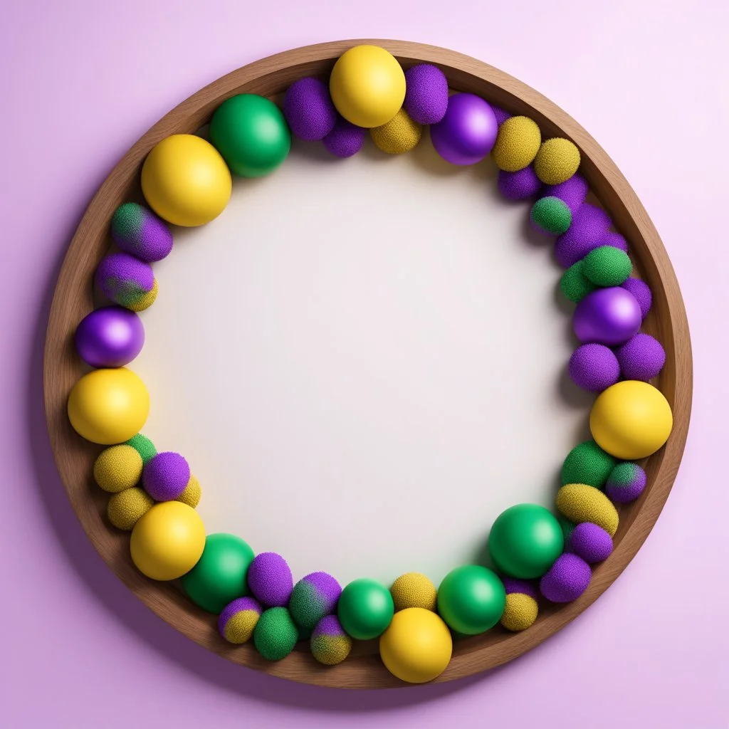 A simple round wooden frame without decoration in the colors of Mardi Gras green, purple and yellow with a light background to remove