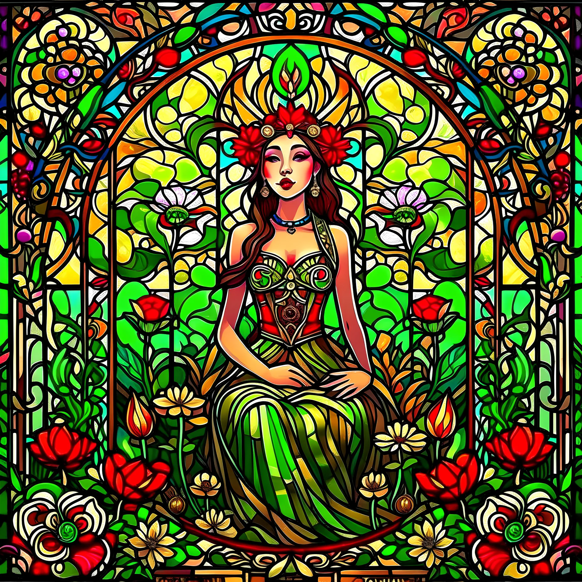 Stained Glass Art Nouveau art style A beautiful as a model asian woodland elf princess who looks like a young Lucy Liu seated on a throne surrounded by poppies and marijuana leaves in a mystical forest, photo-realistic