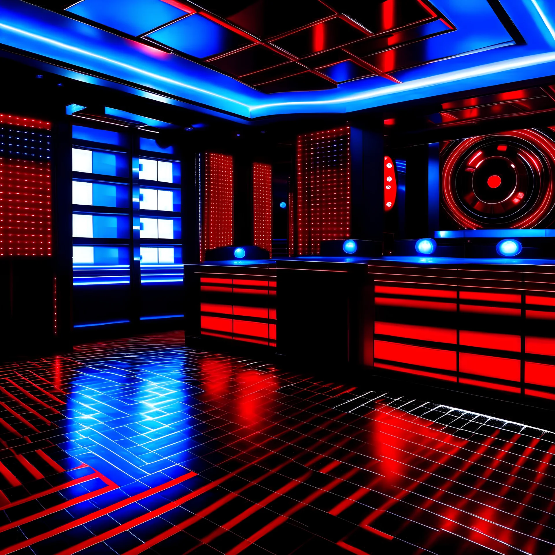 techno disco with red black walls,an blue white and shiny vinyls