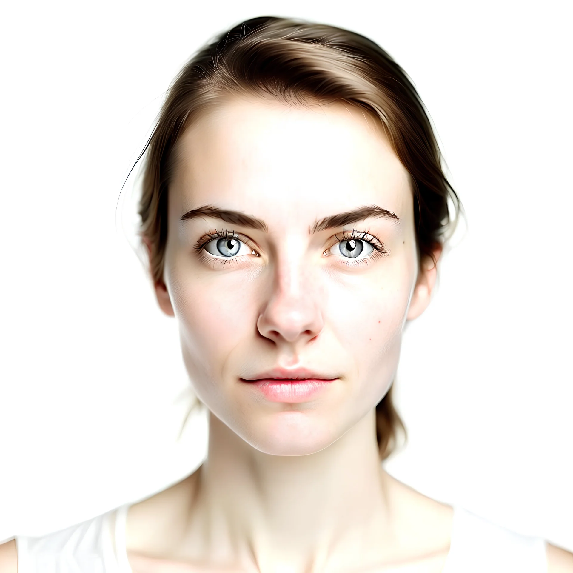 A white background, well lit front facing photograph. Feminine features, a beautiful woman, symmetrical face. 80 f canon D500