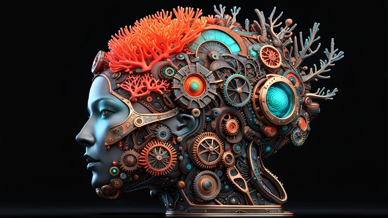 3D rendering of Expressively detailed and intricate of a hyperrealistic “neon steampunk head”: side view, scientific, single object, vivid colour, coral, fungi, black background, shamanism, cosmic fractals, octane render, 8k post-production, detailled metalic bones, dendritic, artstation: award-winning: professional portrait: atmospheric: commanding: fantastical: clarity: 16k: ultra quality: striking: brilliance: stunning colors: amazing depth