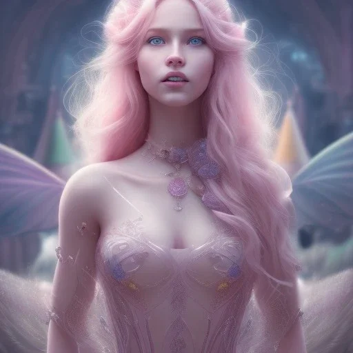 a pink castle, a cheerful fairy in front, big smile, pink, blonde hair, beautiful, whole face, whole top hair head, wide open blue eyes, transparent wings onn the back, hyperrealism, masterpiece, expert, cinematic lighting, sharp focus, 8K, pastel, macro lens, woman, detailed, flower