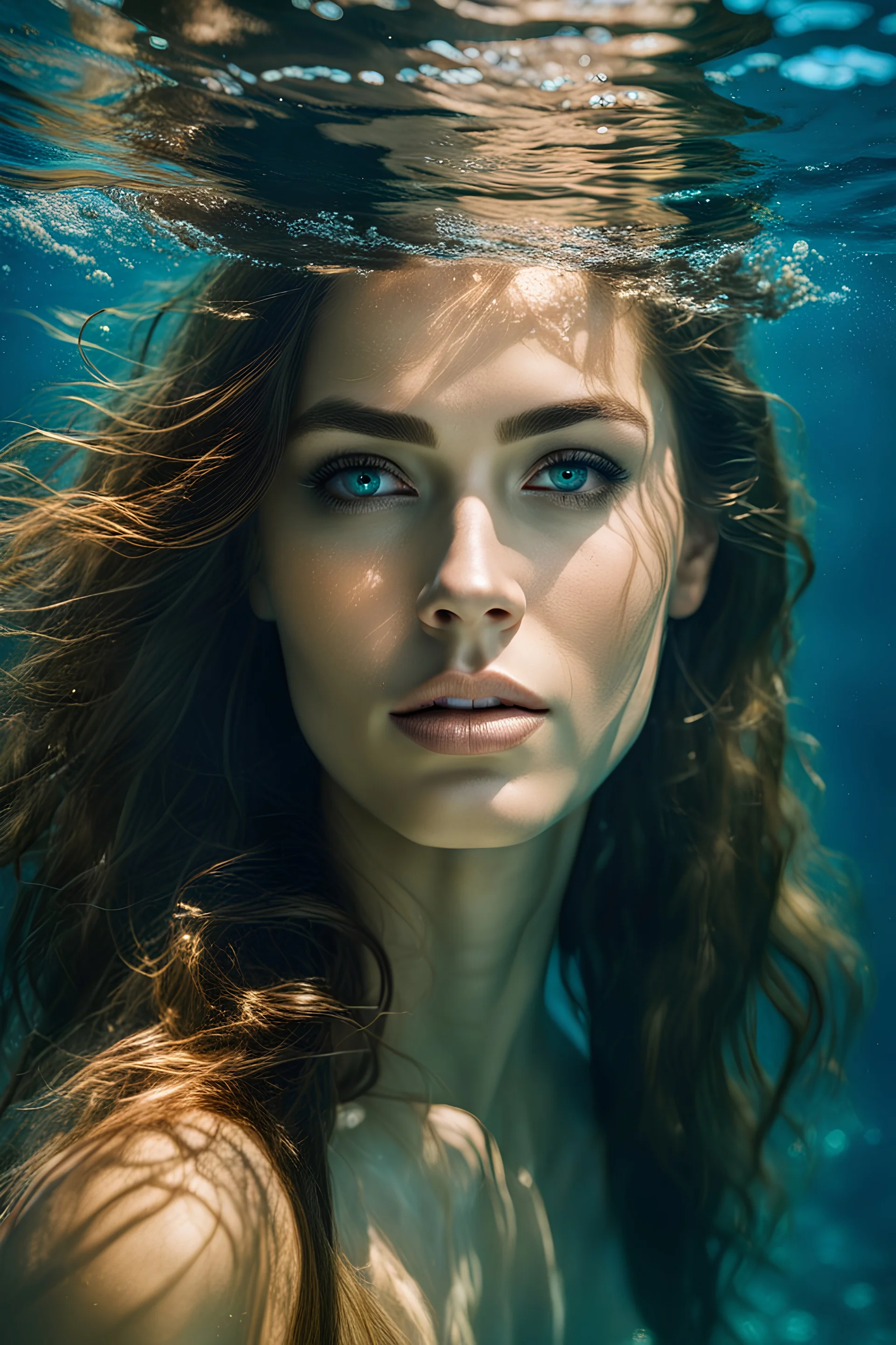 Portrait of a stunningly beautiful young woman with opal eyes , full lips and brown long hair swimming underwater, natural colors, dynamic light and shadow, mid-angle , intricate details, very detailed scene with intricate details, realistic, natural colors, highly detailed, perfect composition, insanely detailed 32k artistic photography, photorealistic concept art, soft natural volumetric cinematic perfect light