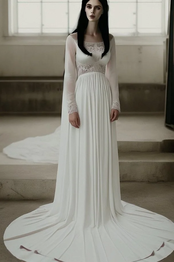 A very long wedding dress similar to Romanian dresses with long black hair Photorealistic