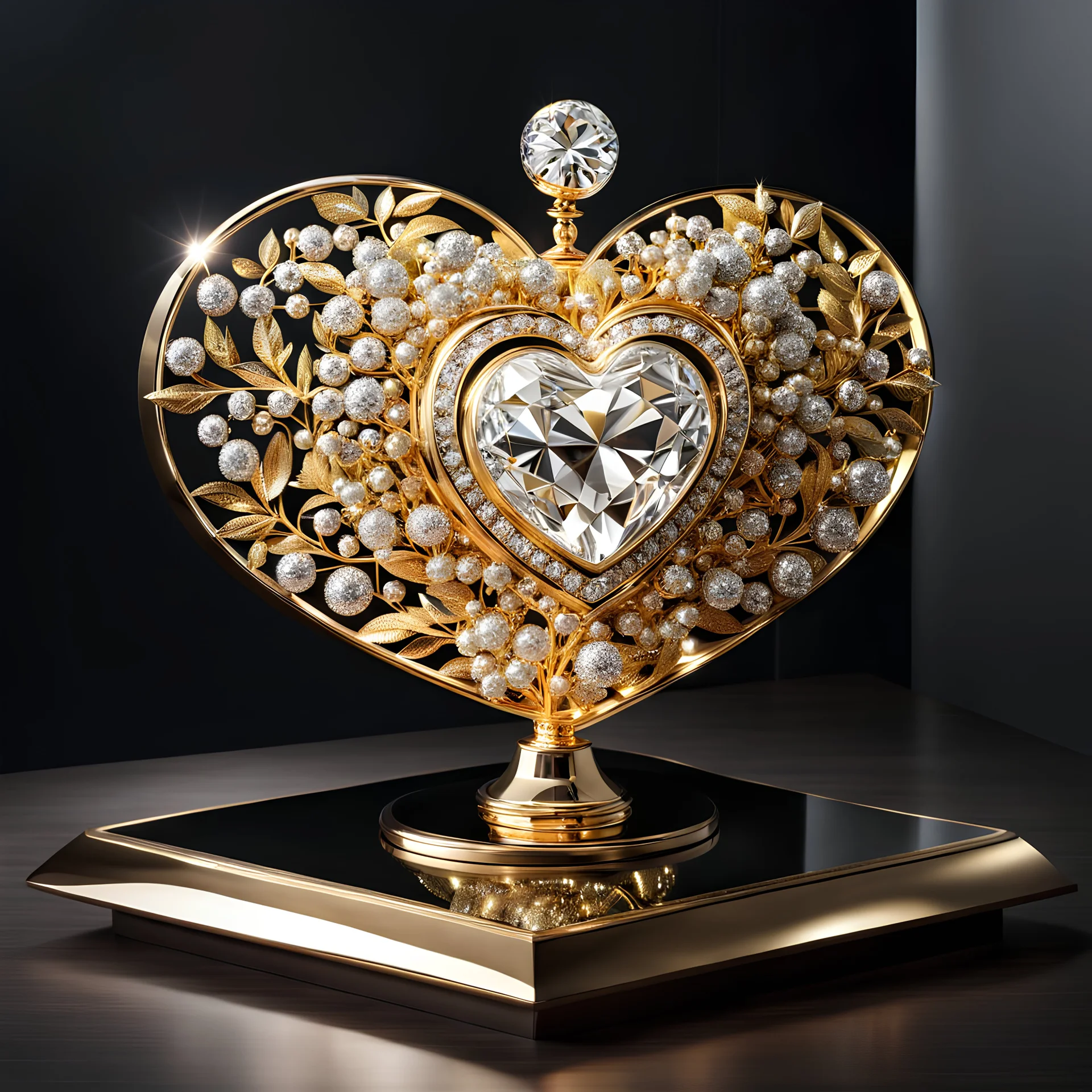 A magnificent golden and silver heart-shaped sign adorned with a stunning golden sphere encrusted with sparkling diamond clusters at its center, elegantly spinning in position.