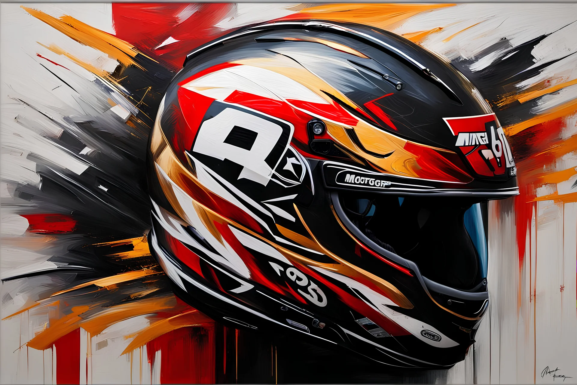 abstract oil painting, helmet MotoGp collection in garage. black-red-gold. artistic style