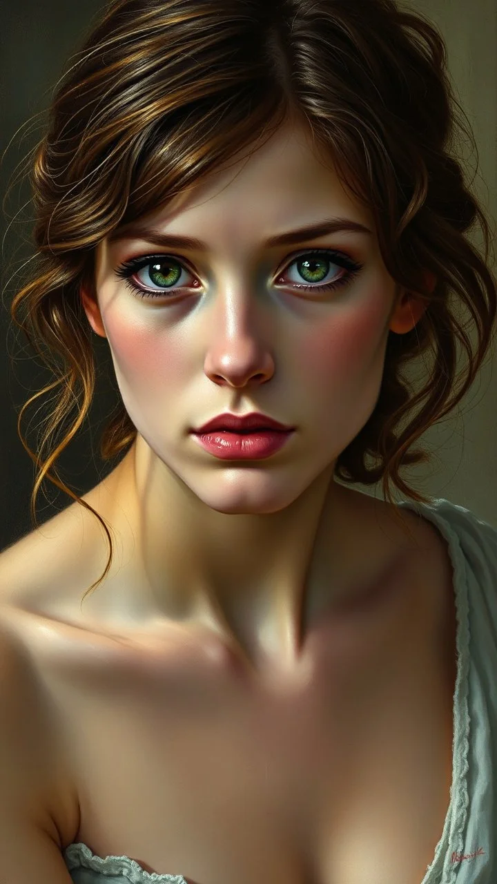 Realistic oil painting of a beautiful young woman with piercing green eyes, by John William Waterhouse, (long shot), dramatic lighting, classical mythology theme.