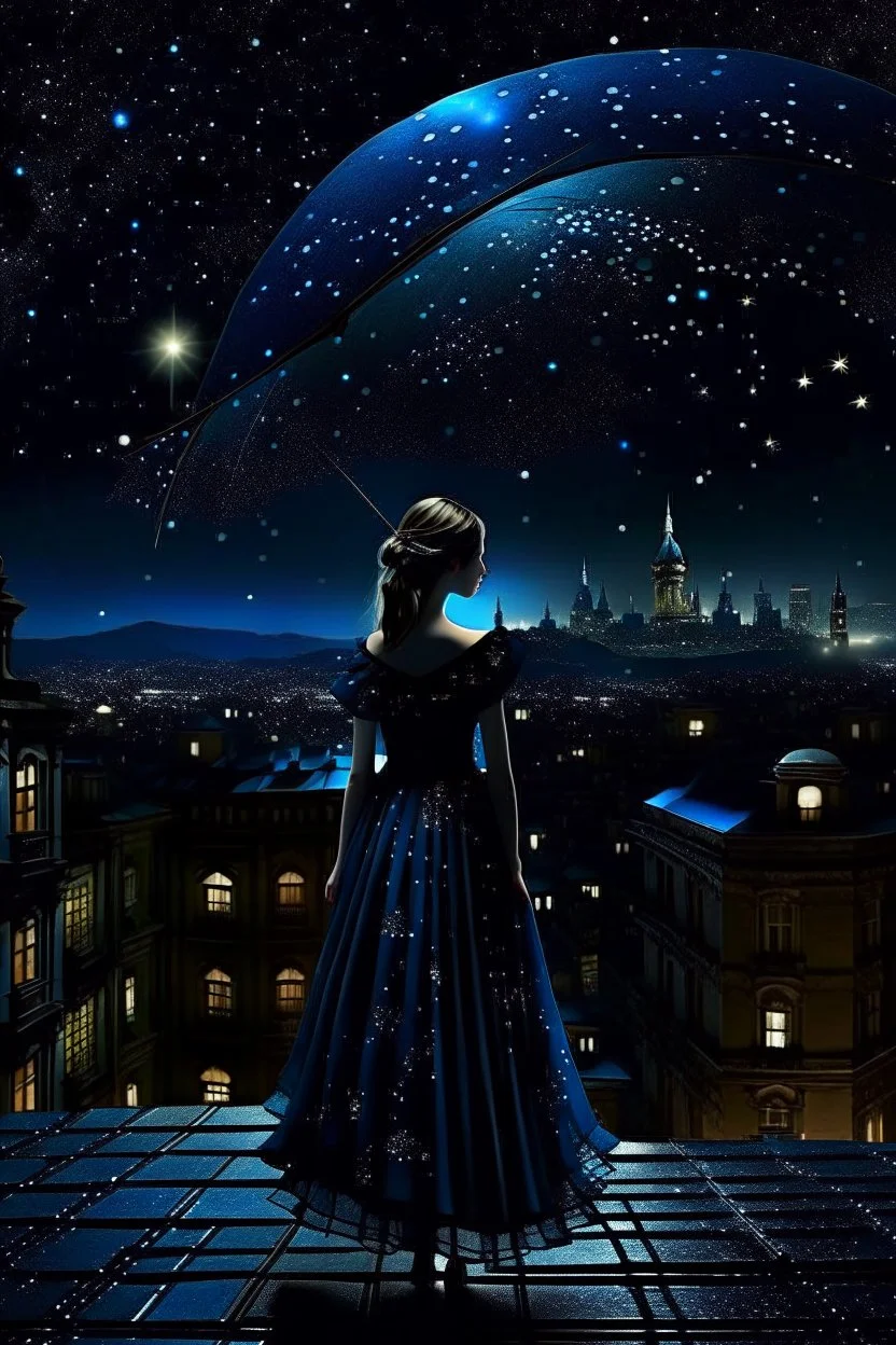 Under a starry umbrella and cityscape long dress, she’s the queen of the night, dark deep colours, stary dark blue sky, high sharped, dtelied, cinematic, atmospheric, weird, crepy stunning