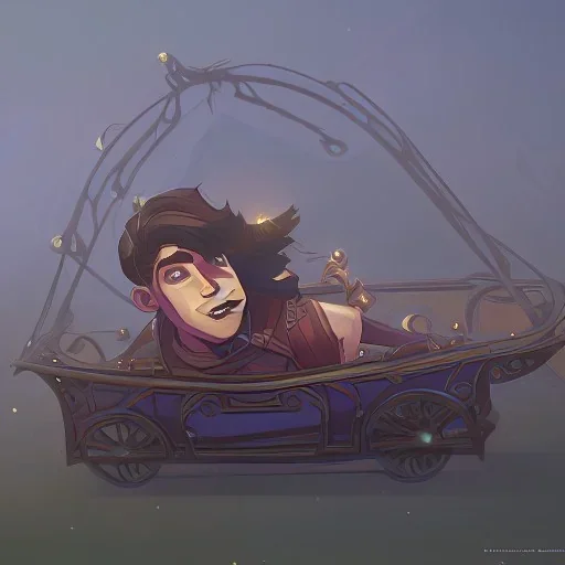 Boy stow away in magical carriage at night Nick Harris style