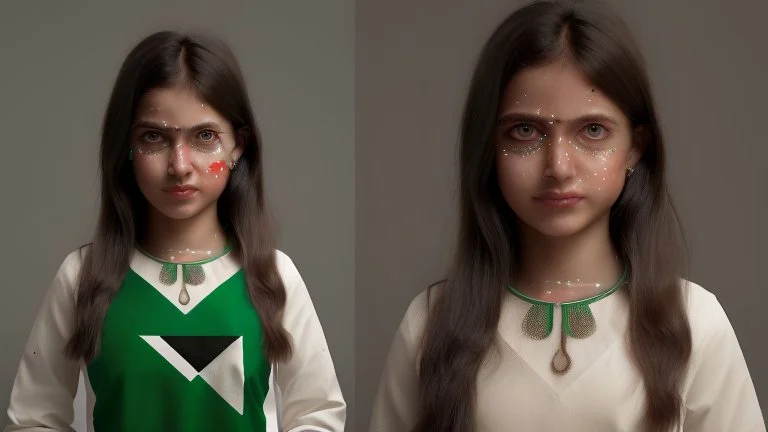 A girl wearing a Palestinian dress with tears in her eyes Her eye color is green Its color is brown Carrying the Palestinian flag