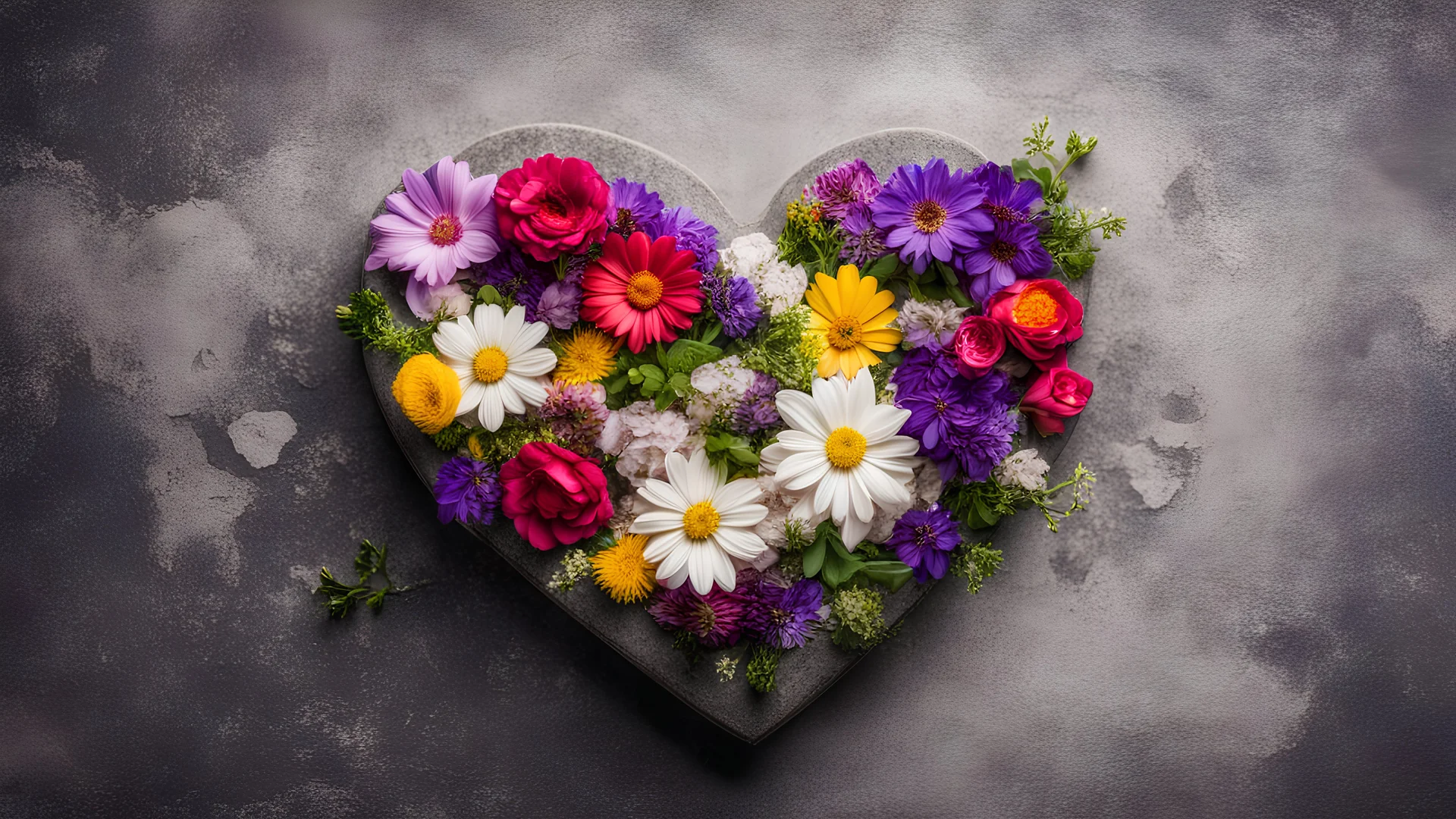 Garden flowers in heart shaped gift box on stone background. Top view with copy space