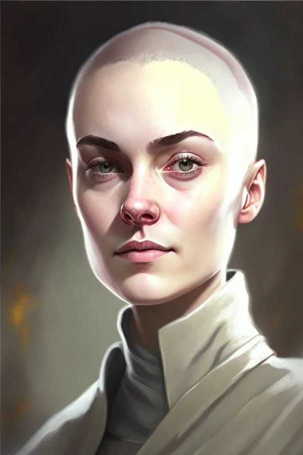 full color portrait drawing, portrait, 22-year old female human cleric, shaved head, light eyebrows, grey eyes