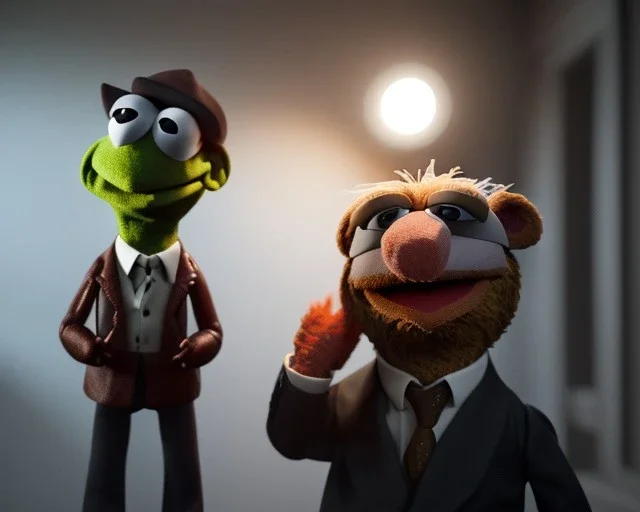 Room scene, muppet head with realistic body detective man, real photo, concept art, retro style, smooth, unreal engine 5, god lights, ray tracing, RTX, lumen lighting, ultra detail, volumetric lighting, 3d.