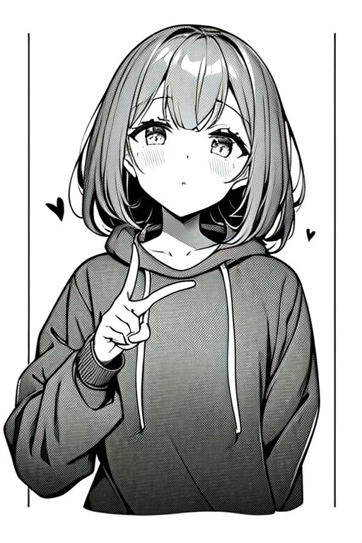 girl dressed in a loose sweatshirt and with one hand touch on her heart, line arts, greyscale