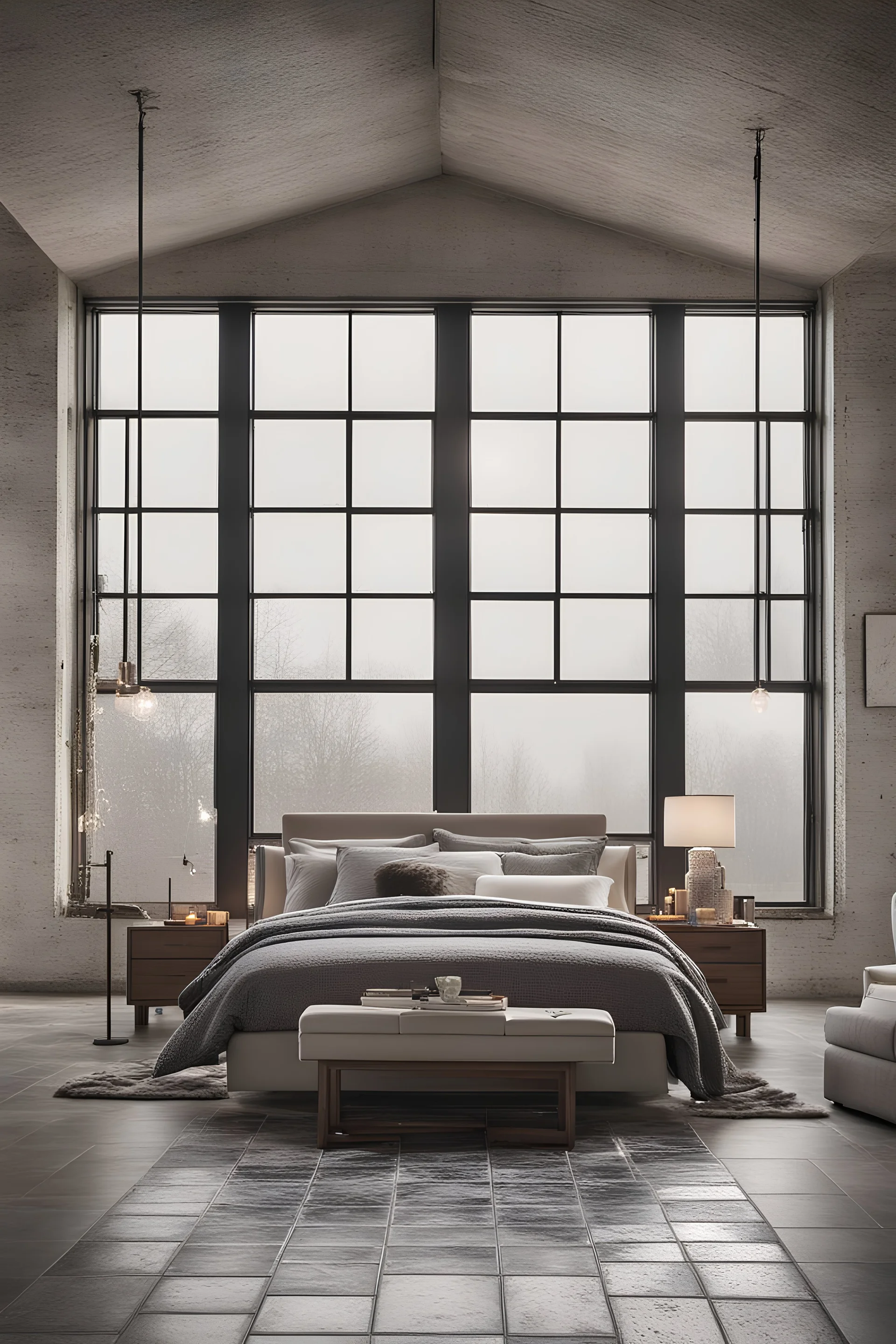 Editorial Style Photo, Grid, Dutch Angle, Industrial, Bedroom, U-Shape, Tile, Concrete, Window View, Hard, Organic, Monochromatic, Winter, Raymour & Flanigan, Task, Coastal, Night, Romantic, Luxury Budget