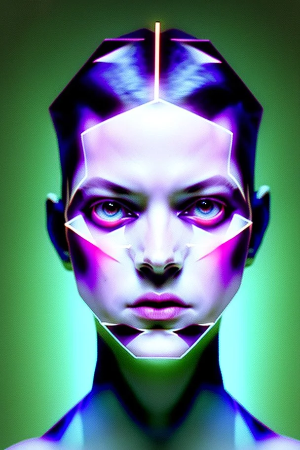 Face Shape: Glitched and polygonal—flickers between perfect symmetry and broken geometry. • Skin: Covered in pixel-like holes and corrupted data patches that flash white noise. • Eyes: One large eye that flickers like a corrupted camera lens. Bleeds binary code. • Hair: Flickering cables that spark when touched, or dissolve into numbers. • Outfit: Broken digital armor, like an unfinished VR avatar—parts are missing or out of sync.