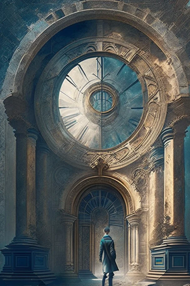 A palace in the form of a time portal, a man