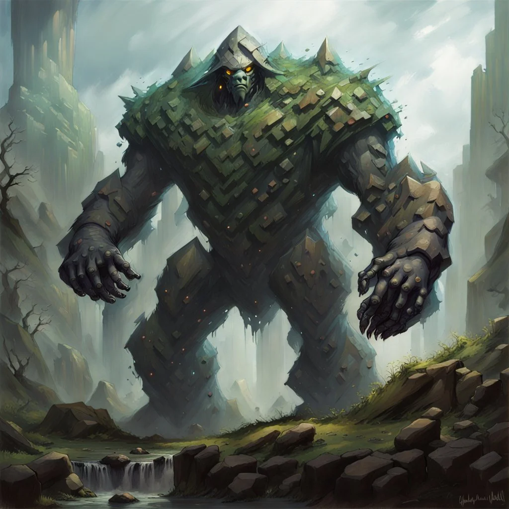 90's fantasy tcg art of an alien rock golem