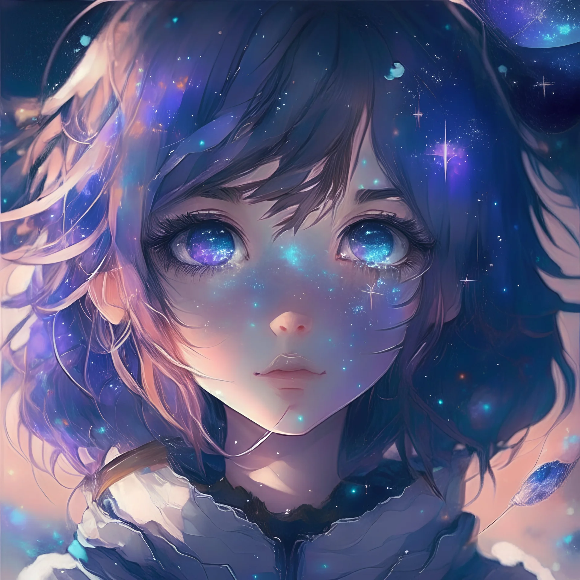 girl cute with galaxy in there eyes, style anime,