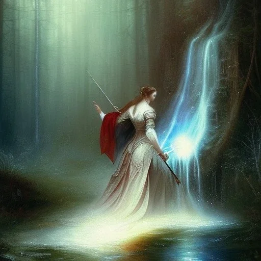 romantic fantasy spray painting, william Turner, watercolor, close up on dark robed poet playing lute for an elf in magical winding forest, tall slender vampire in waterfall, movie poster