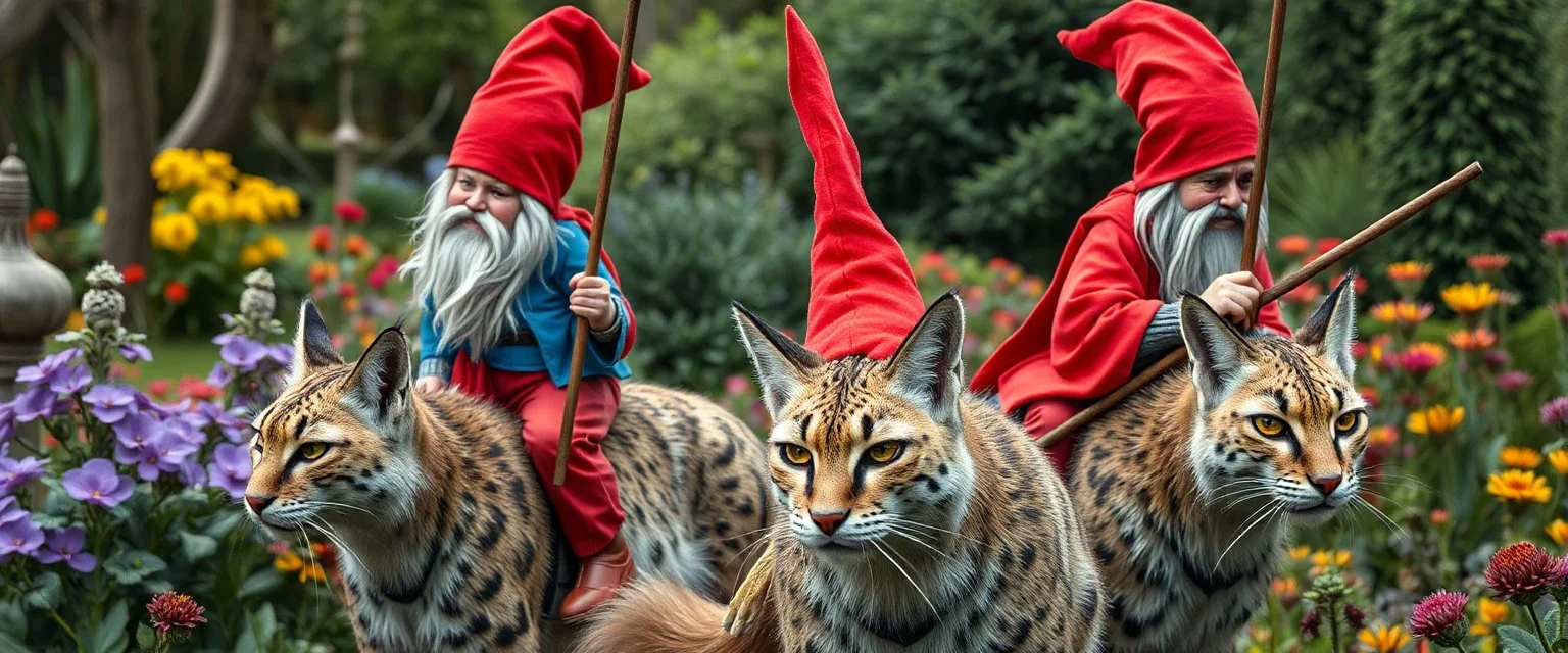 close up portrait of blue and red clothed gnomes riding furred lynx cats with lances in garden of eden in the style of Escher and Giger