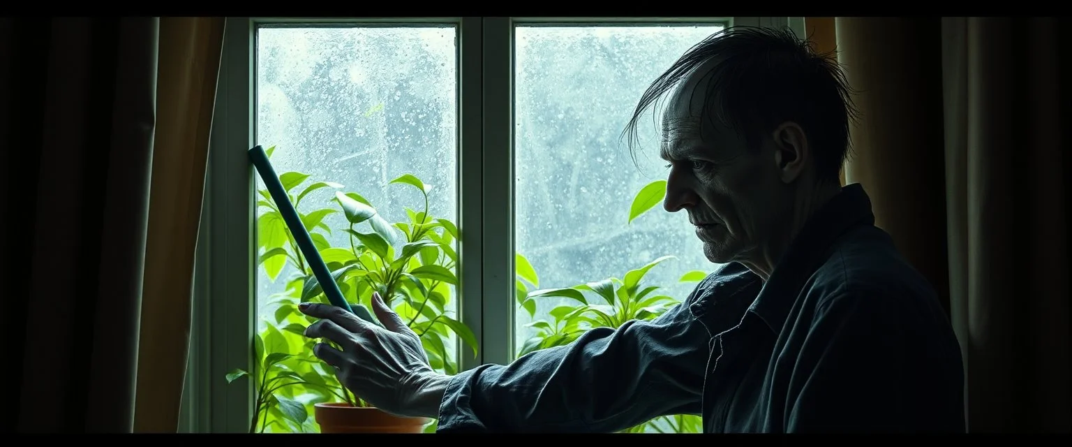 Pale sickly vampire quietly cleaning a window in an ordinary old apartment, completely calm and domestic. Extremely detailed uneven skin texture: dry, porous, wrinkled, slightly flaky, translucent in places, visible veins, subtle imperfections, absolutely not smooth or plastic. Deep sunken eyes, hollow cheeks, sparse damp hair. Lush vibrant green houseplants behind him contrast strongly with his lifeless appearance. Soft morning light, deep shadows, eerie realism, understated dark humor. Inspire