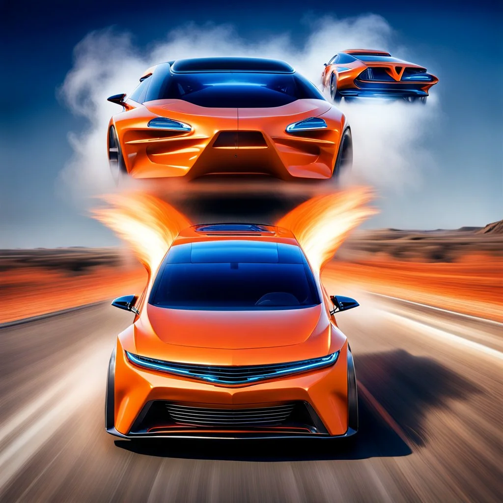 award winning car and driver photograph of a futuristic station wagon dirigibl+ hybrid designed by only one vehicle per image painted metallic orange traveling at a high rate of speed, jet intake off of front center of vehicle and jet exhaust out the rear with bright blue flame, bilaterally symetrical, more a high speed road vehicle