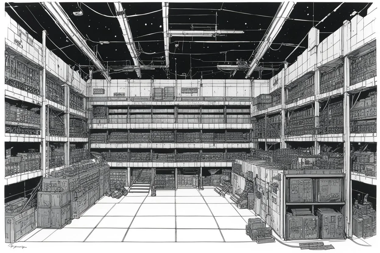illustration by underground comix artist, Brion Gysin of: Access to Planetary Guard facilities is rarely granted to civilian surveyors, making this glimpse of the fortress armoury particularly valuable for the record. The maintenance bay shown here represents typical military-grade equipment storage and servicing — dense racks of weaponry and tactical gear lining curved walls, diagnostic stations, and the controlled environmental systems necessary for keeping sensitive equipment operational acro