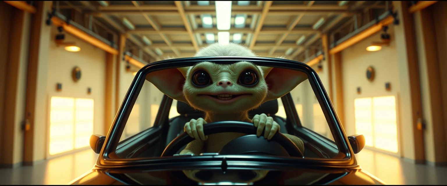 car driving happy 2d anime fluffy slimy alien sloth gremlin woman in the style of Escher and Giger and Fallout 4, pinhole cam, airbrush 3d rendering, on tv screen:A five-second cinematic single take in a clean industrial presentation hall.
