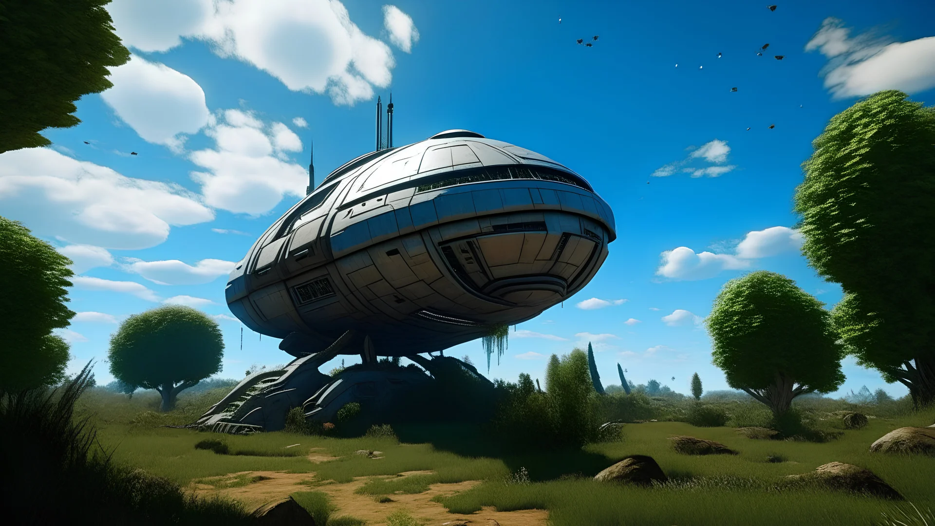 Small, sleek cargo spaceship, built like a teardrop, landing in an empty ruined alien street, blue sky, foliage