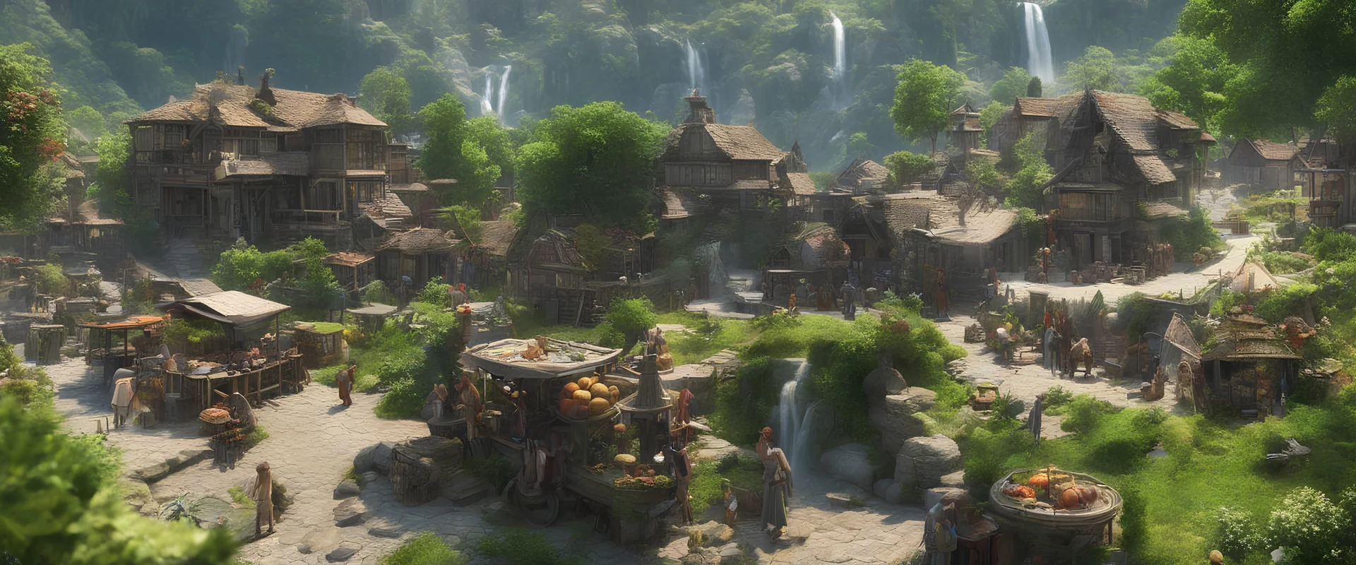 A busy outdoor village market, in a beautiful outdoor countryside summer scene, with hills, intricate dwellings, many weird creatures, many pathways & stairways, waterfalls, & a waterwheel : very high detail, photorealistic, epic cinematic, 8K, Large depth of field