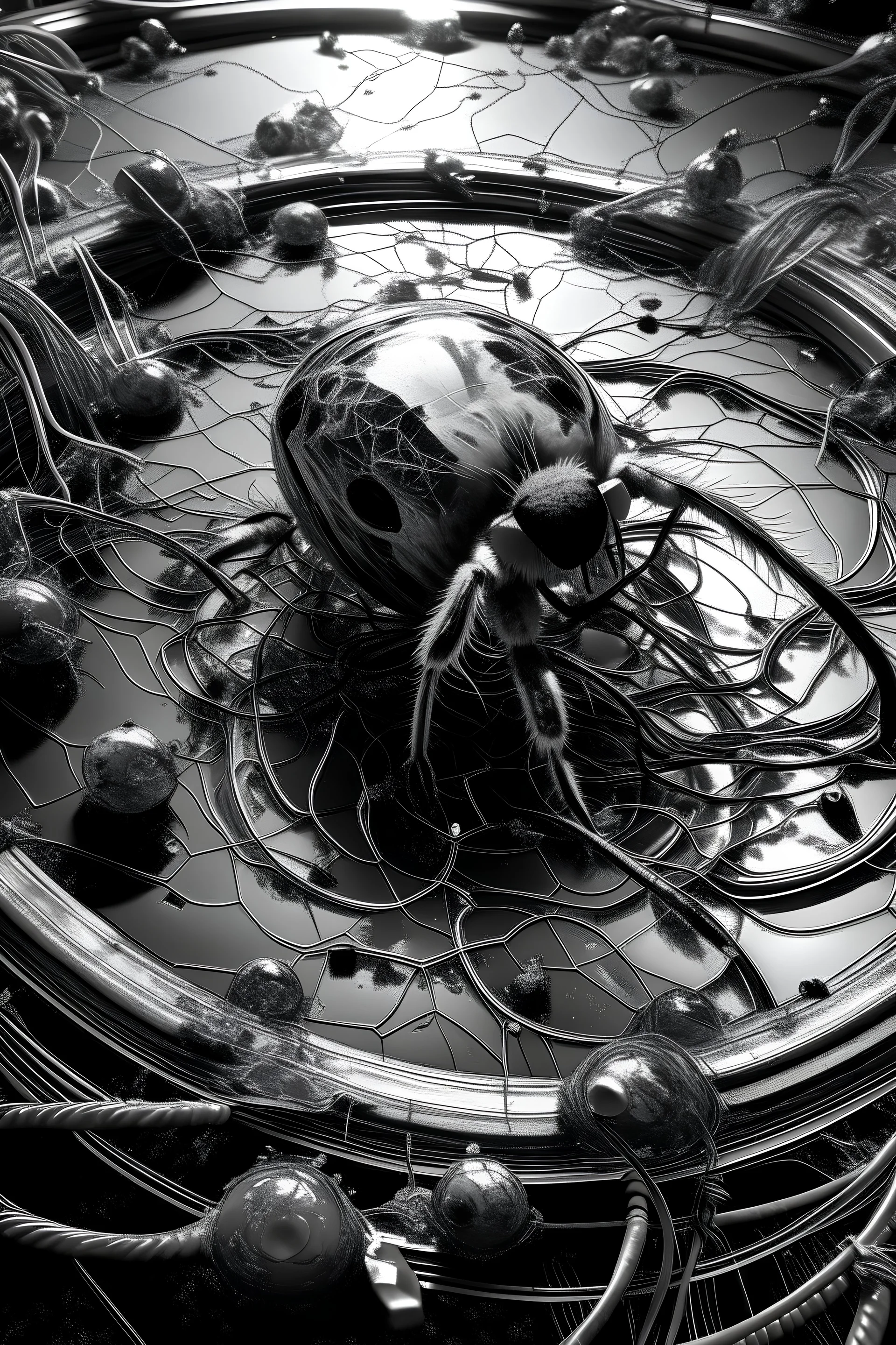 wire man with big lying down in liquid Potassium and ice on fire in a black and white hole of mechanical magpies